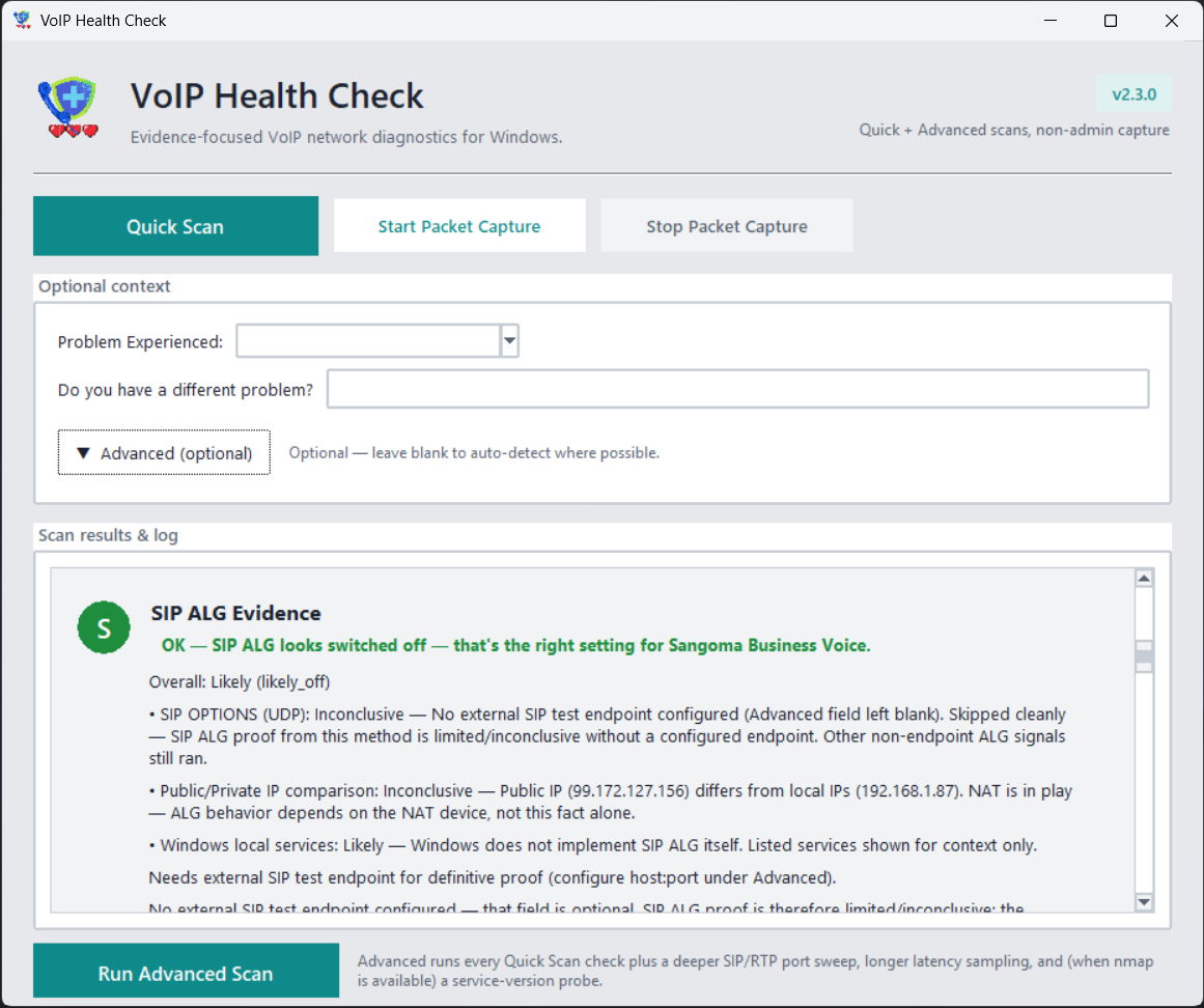 Screenshot of the VoIP Health Check desktop client showing Quick Scan, Start Packet Capture, an Optional panel with Problem Experienced and Advanced fields, a Scan Now button, and a Scan Results / Log pane.